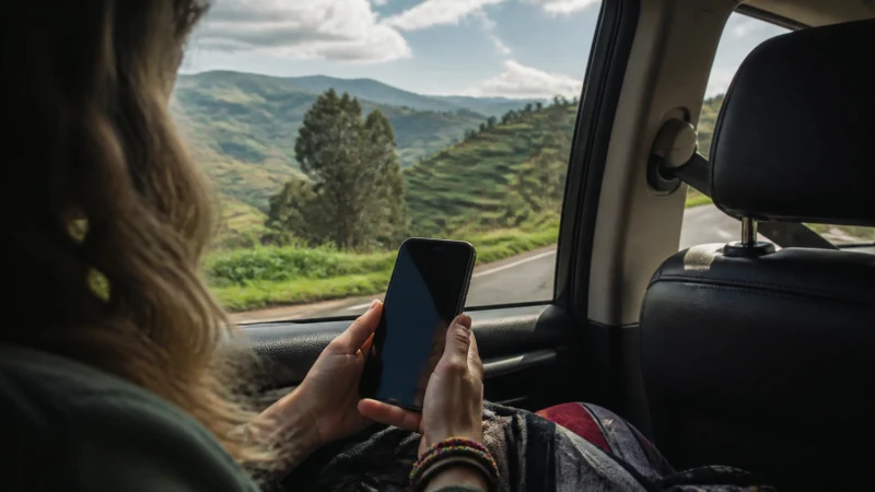 Traveller checking mobile data during a drive through Rwanda