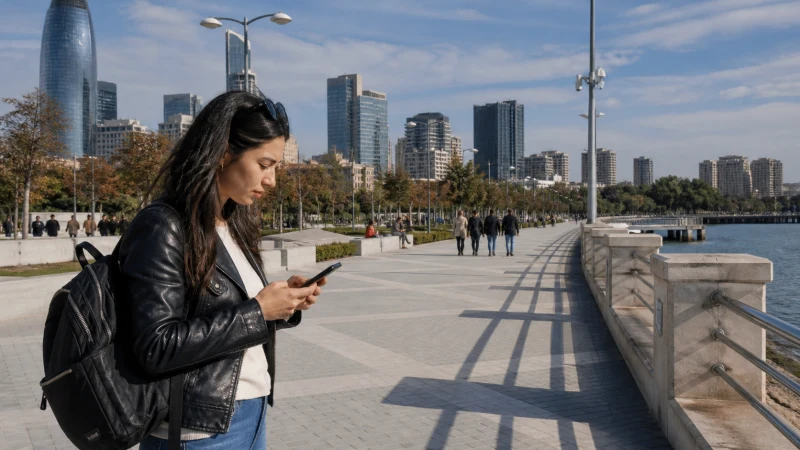 Traveller using a smartphone on Baku's Caspian promenade