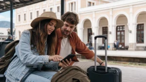 Travellers using mobile internet at a regional Balkan railway station.
