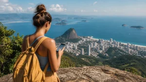 Traveller using a smartphone in Brazil for mobile internet brazil