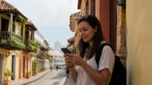 Traveller using a smartphone in Colombia for how to stay connected while travelling in colombia