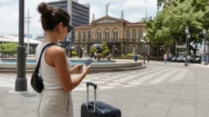 Traveller using a smartphone in Costa Rica for how to stay connected while travelling around costa rica