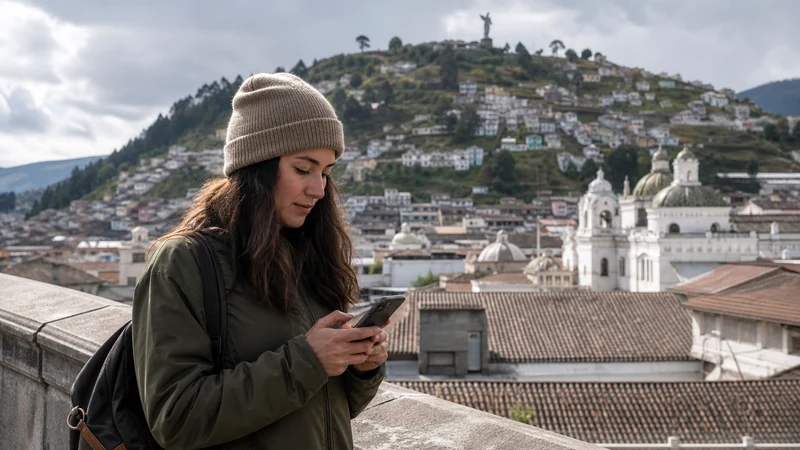 Traveller using a smartphone in Ecuador for mobile internet ecuador
