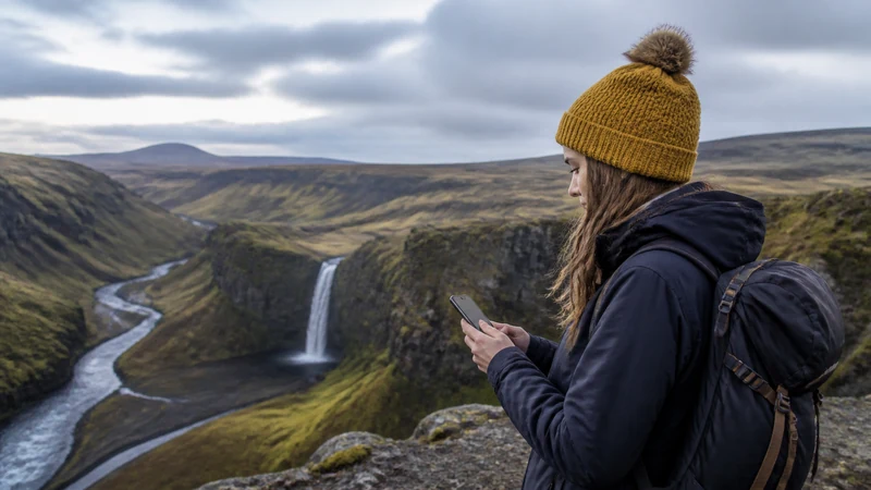 Traveller using a smartphone in Iceland