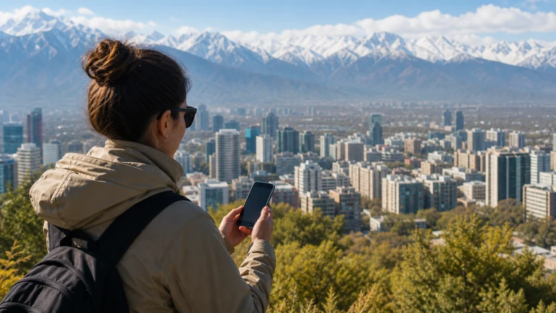 Traveller using mobile navigation above Almaty and the mountains.