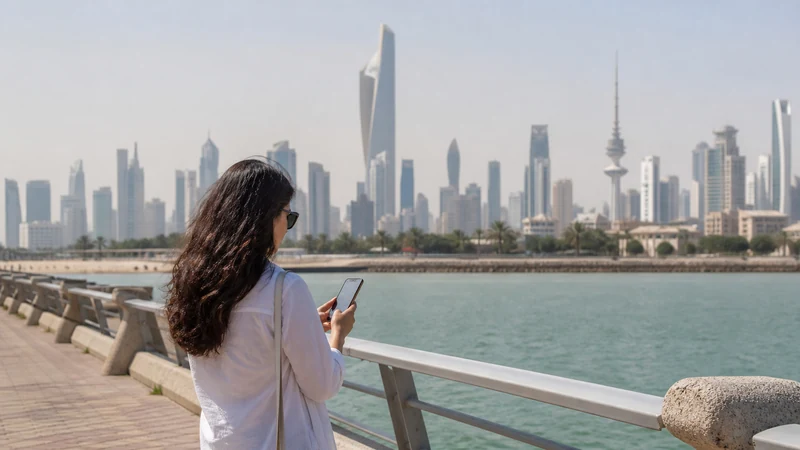 Traveller using a smartphone in a Kuwait setting related to how to stay online while travelling in kuwait