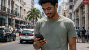 Traveller using a smartphone in Mauritius while researching mobile internet in mauritius: a practical traveller guide