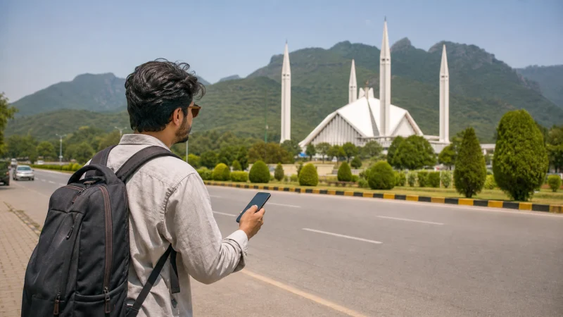 Traveller using mobile navigation near Faisal Mosque in Islamabad