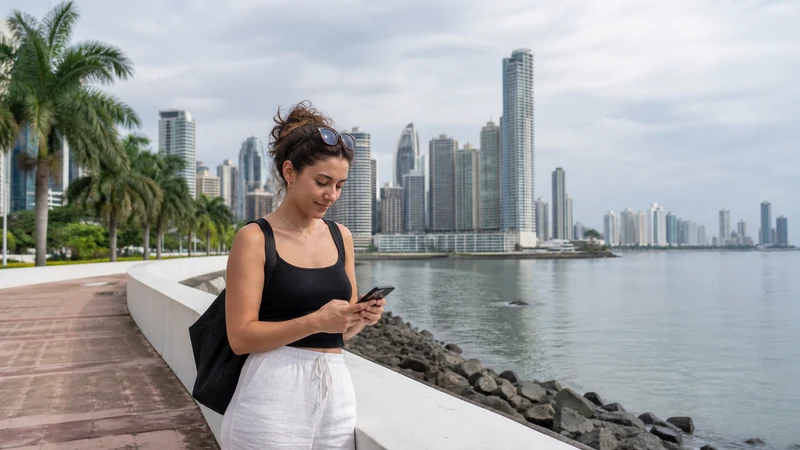 Traveller using a smartphone in Panama for mobile internet panama
