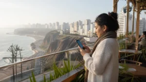 Traveller using a smartphone in Peru for mobile internet peru
