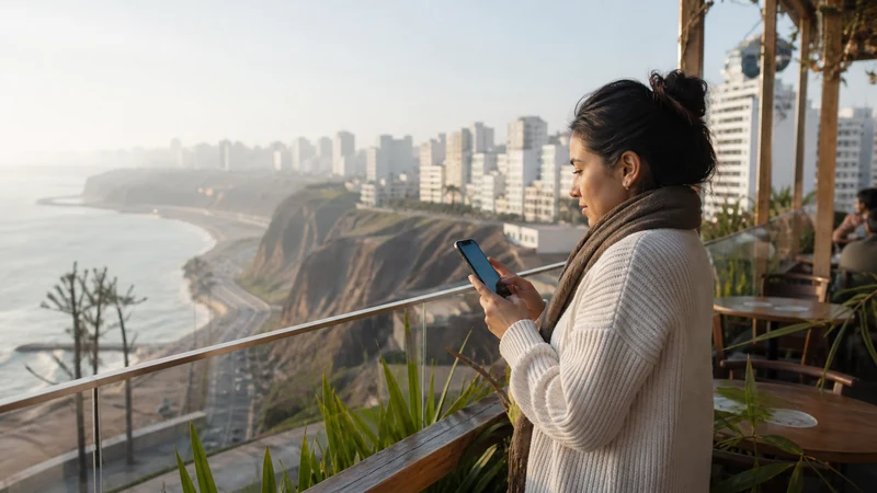 Traveller using a smartphone in Peru for mobile internet peru