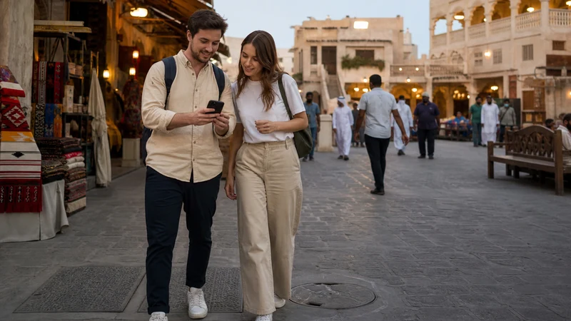 Traveller using a smartphone in Qatar for mobile internet in qatar: esim, sim and roaming