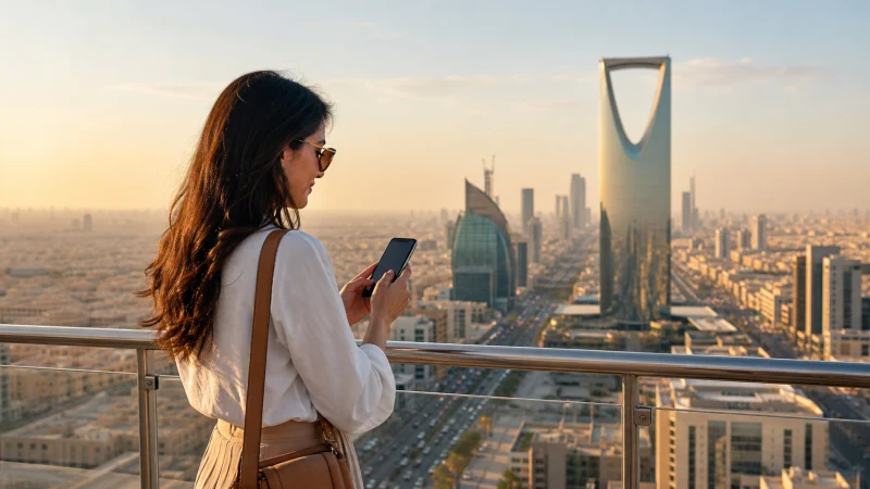Traveller using mobile navigation above the Riyadh skyline.