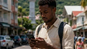 Traveller using mobile internet on a smartphone in Seychelles
