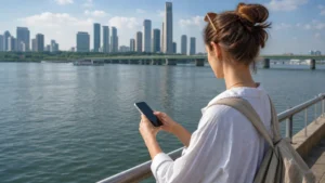 Traveller using mobile navigation beside the Han River