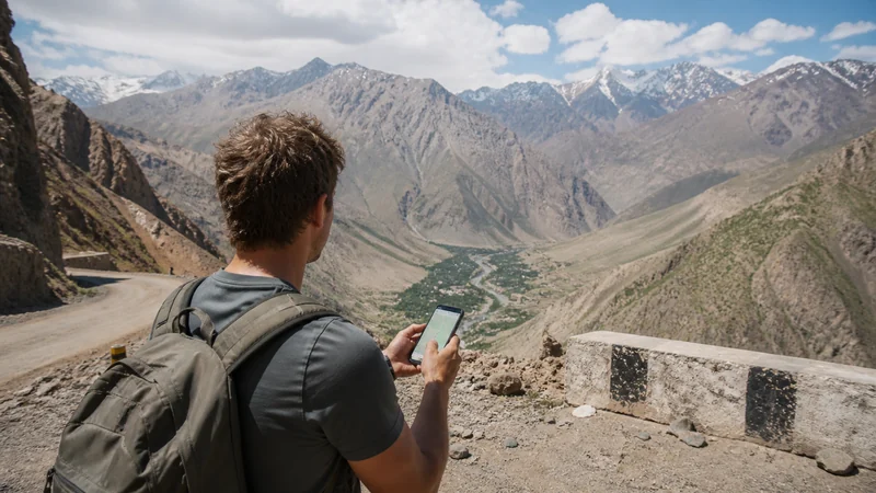 Traveller using mobile navigation in the Tajik mountains