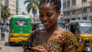 Traveller using mobile internet on a smartphone in Tanzania