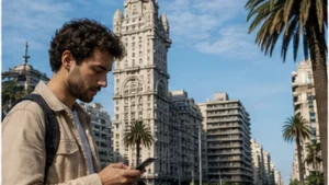 Traveller using a smartphone in Uruguay for mobile internet uruguay