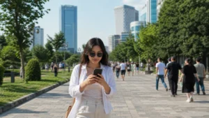 Visitor using mobile internet on a central Tashkent boulevard.
