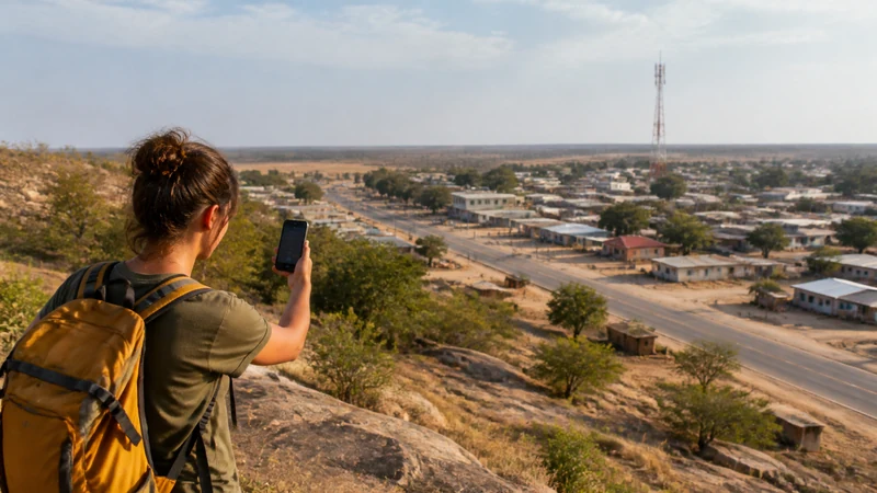 Botswana town skyline with a traveller using a phone.