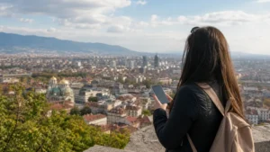 Traveller checking mobile connectivity above Sofia