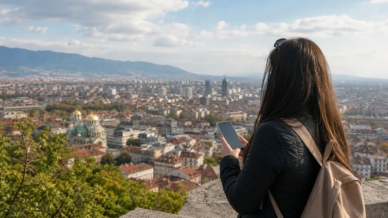 Traveller checking mobile connectivity above Sofia