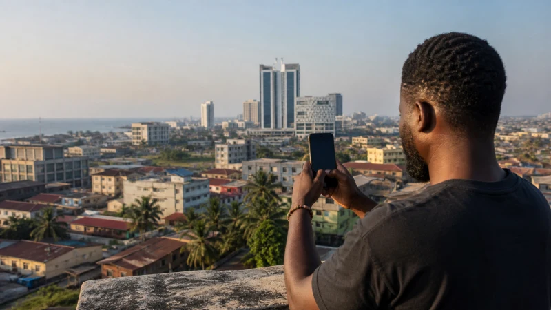 Traveller using a smartphone above the Accra cityscape