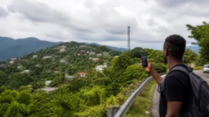 Traveller using a smartphone in Jamaica while comparing mobile networks in Jamaica