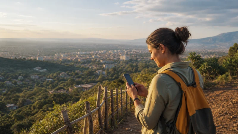 Traveller using a smartphone during a trip in Kenya