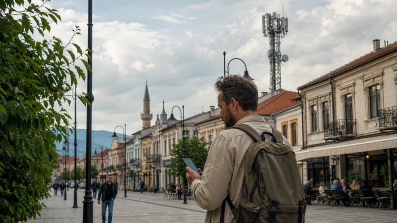 Traveller using a smartphone during mobile networks in north macedonia in North Macedonia.
