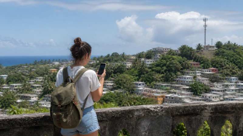 Traveller using a smartphone in Puerto Rico while comparing mobile networks in Puerto Rico