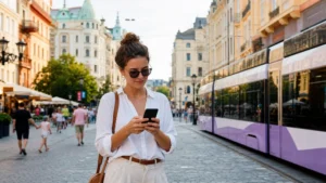 Traveller using a smartphone during mobile networks in romania in Romania.