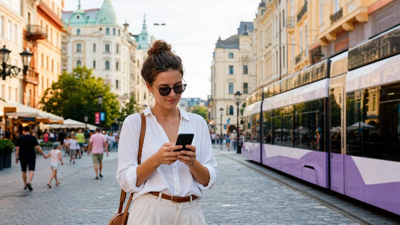Traveller using a smartphone during mobile networks in romania in Romania.
