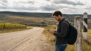 Traveller using a smartphone during moldova to romania mobile internet in Romania.