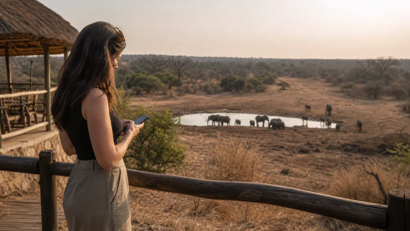 Safari traveller checking a smartphone in Mole National Park