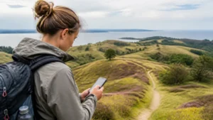Hiker checking a smartphone route in Mols Bjerge National Park