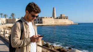Traveller using a smartphone for Monastir Mobile Internet in Tunisia