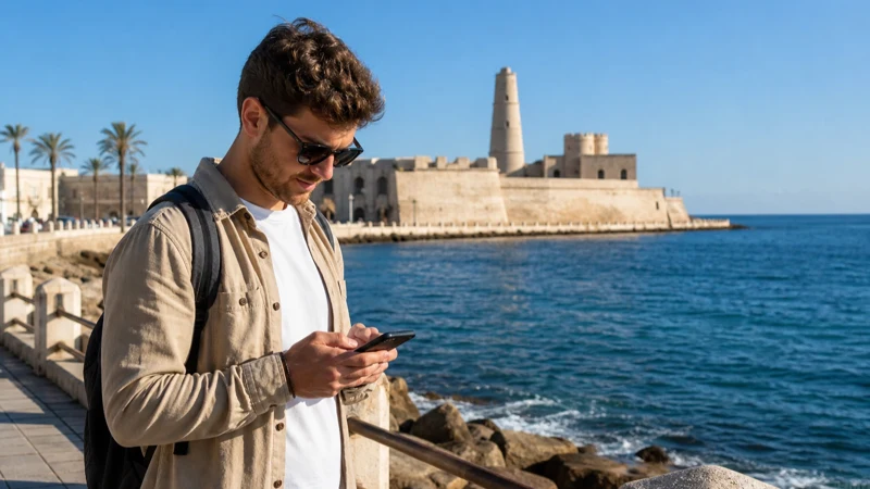 Traveller using a smartphone for Monastir Mobile Internet in Tunisia