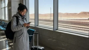 Traveller using a smartphone in Mongolia for mongolia china border mobile internet