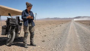 Traveller using a smartphone in Mongolia for mongolia desert road mobile internet