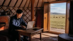 Traveller using a smartphone in Mongolia for mongolia esim hotspot
