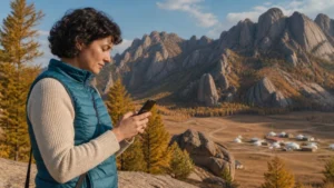 Traveller using a smartphone in Mongolia for mongolia esim iphone