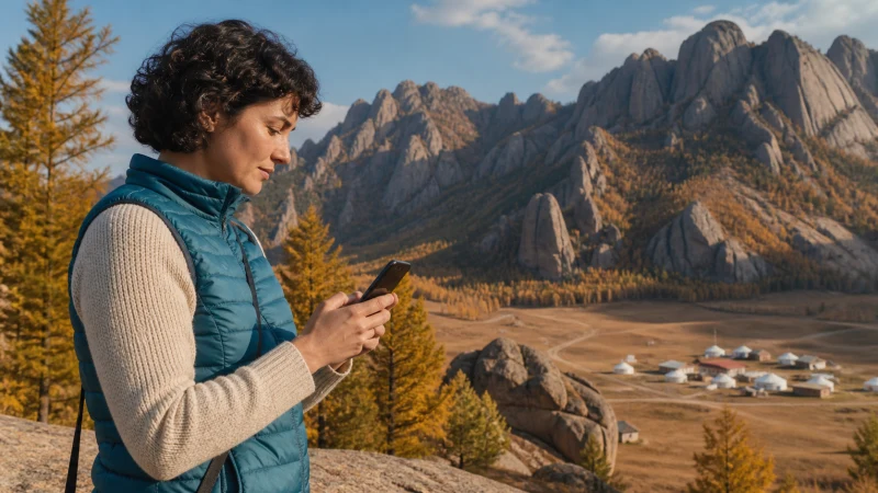 Traveller using a smartphone in Mongolia for mongolia esim iphone
