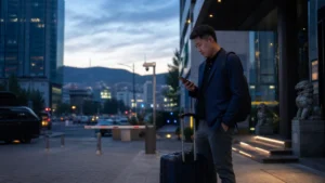 Traveller using a smartphone in Mongolia for mongolia esim ulaanbaatar stopover