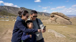 Traveller using a smartphone in Mongolia for mongolia family travel internet