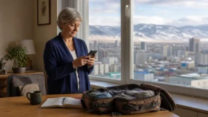 Traveller using a smartphone in Mongolia for mongolia long stay mobile internet