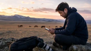 Traveller using a smartphone in Mongolia for mongolia photography trip internet
