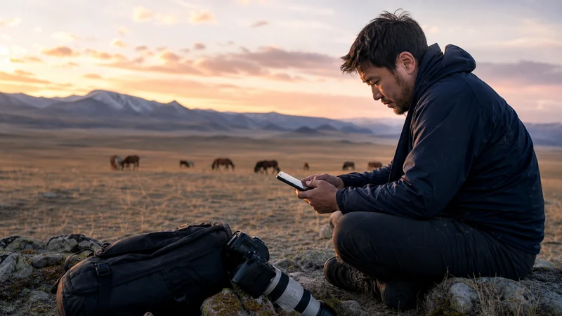 Traveller using a smartphone in Mongolia for mongolia photography trip internet