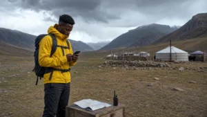 Traveller using a smartphone in Mongolia for mongolia remote areas mobile internet