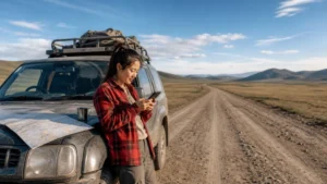 Traveller using a smartphone in Mongolia for mongolia road trip mobile internet